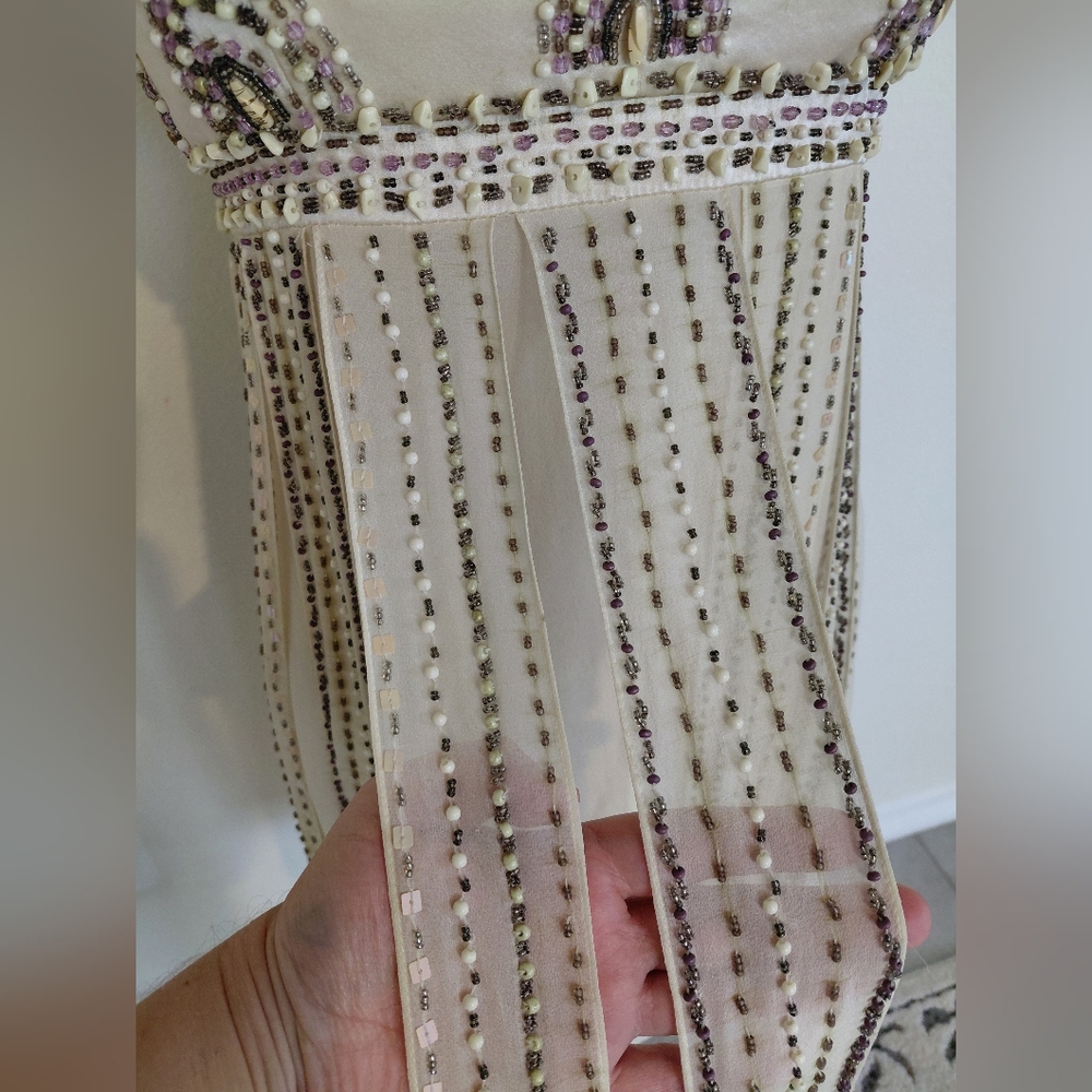 Vintage Sue Wong Couture Silk Beaded Fringe Cocktail Dress Ivory Formal Y2K Size - Picture 7 of 11